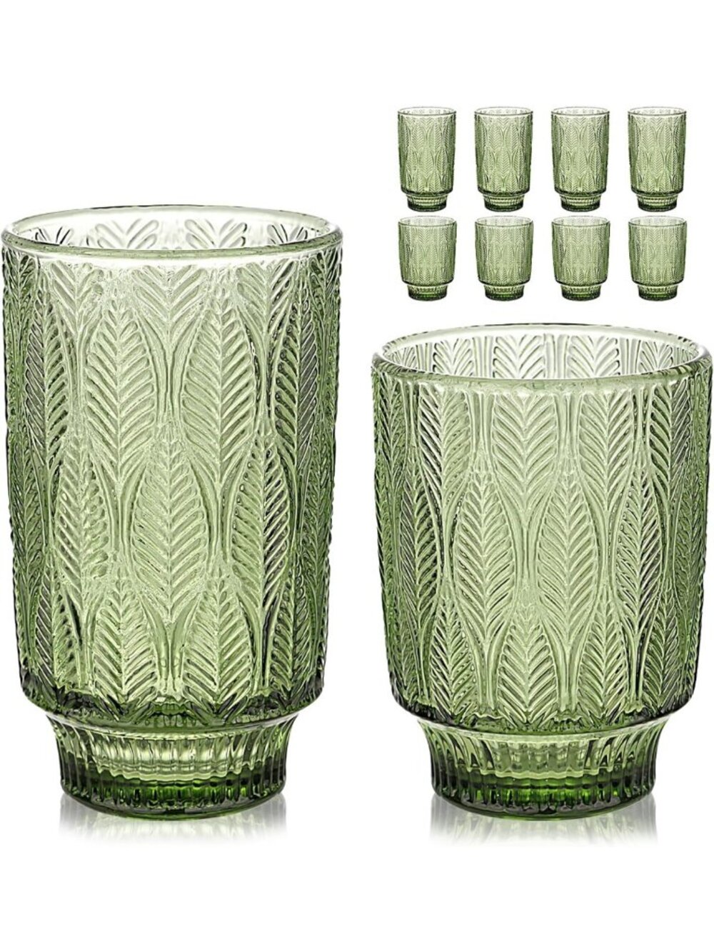 Set of 8 Vintage Green Embossed Glassware - Highball & Rocks Drinkware, Art Deco
